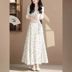 Fashion Polka-dot Cinched French Style Temperament Slimming Mid-length Dress