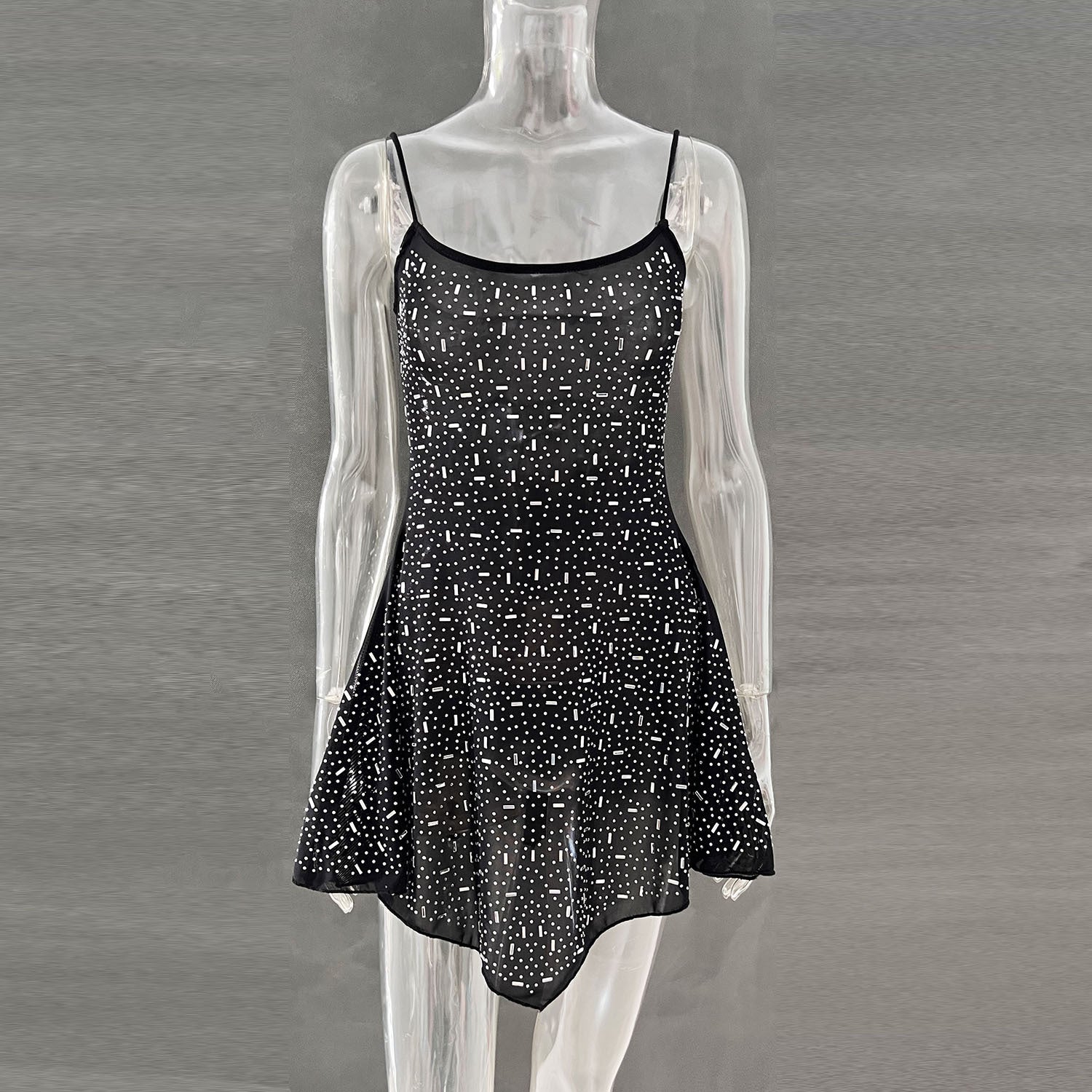 Trendy Rhinestone Sheer Party Dress - Women's Sexy Mini