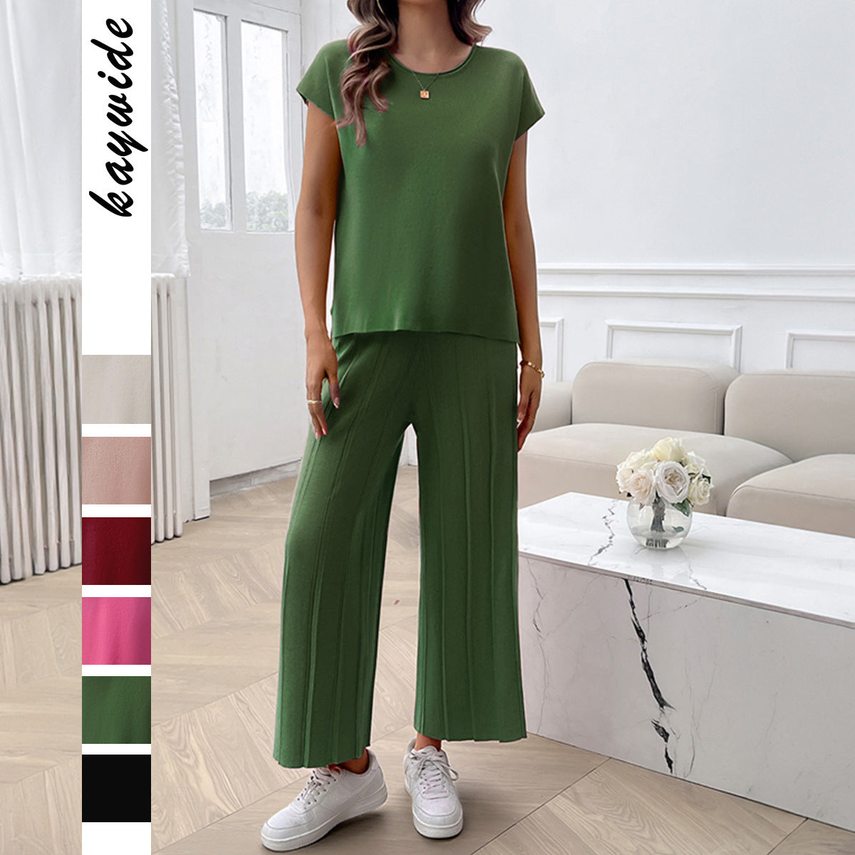 Simple Casual Style Solid Color Top Wide Leg Sweater Suit